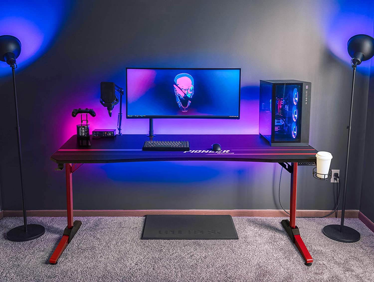Devoko 63 Inch Gaming Desk T-Shaped PC Computer Table with Free Mouse Pad Carbon Fibre Surface Home Office Desk Gamer Table with Game Handle Rack Headphone Hook and Cup Holder (Red)