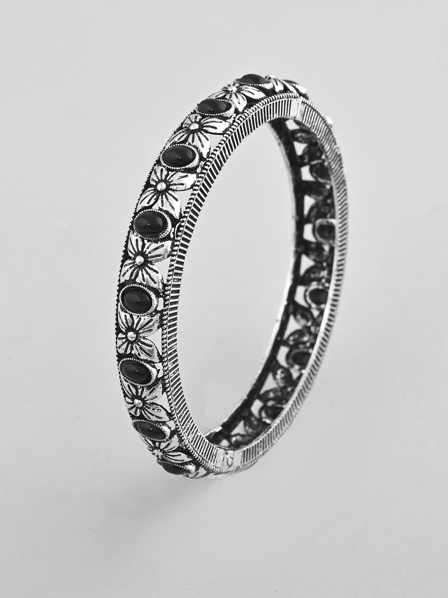 VOJ Rhodium Plated Black Stone Studded Kada Bracelet