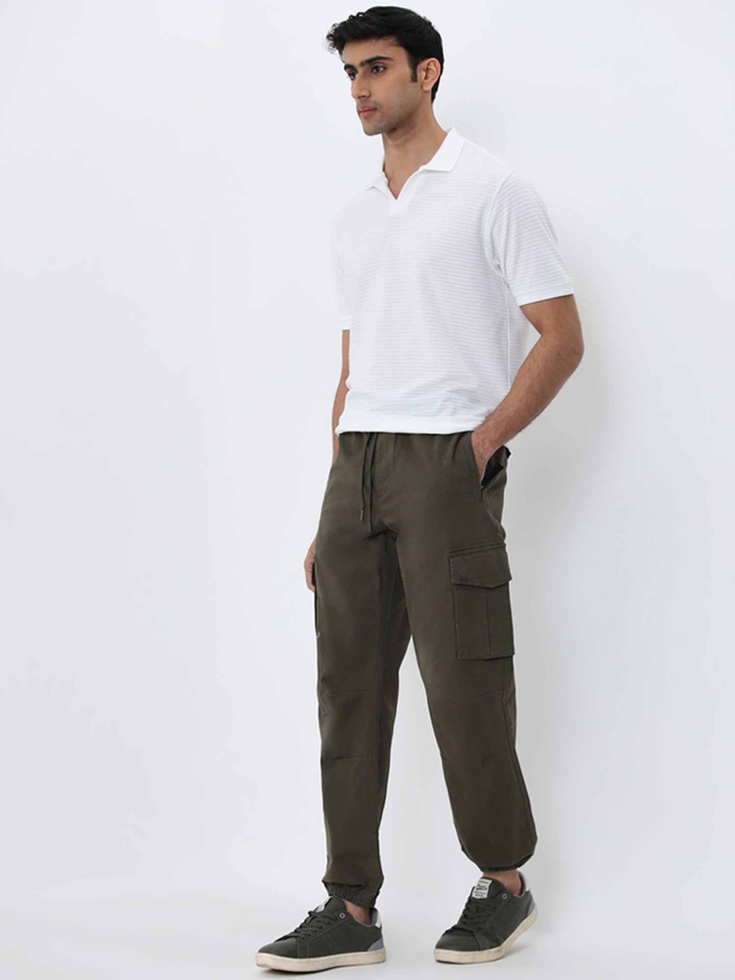 WES Casuals by Westside Olive Relaxed-Fit Mid-Rise Cotton Blend Joggers