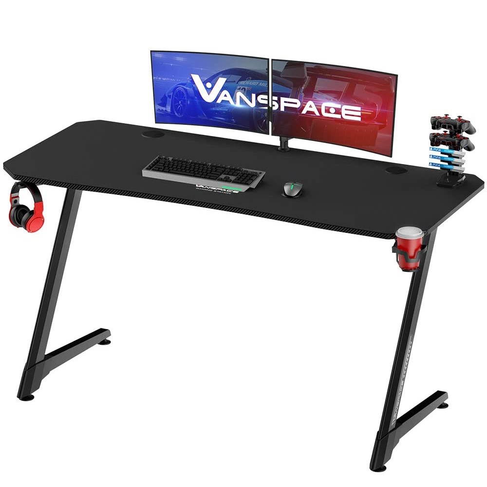 55 Inch Ergonomic Gaming Desk with Free Mouse Pad, Z-Shaped Office Desk PC Computer Desk Racing Gaming Table Gamer Workstation with Cup Holder & Headphone Hook, Cable Manage