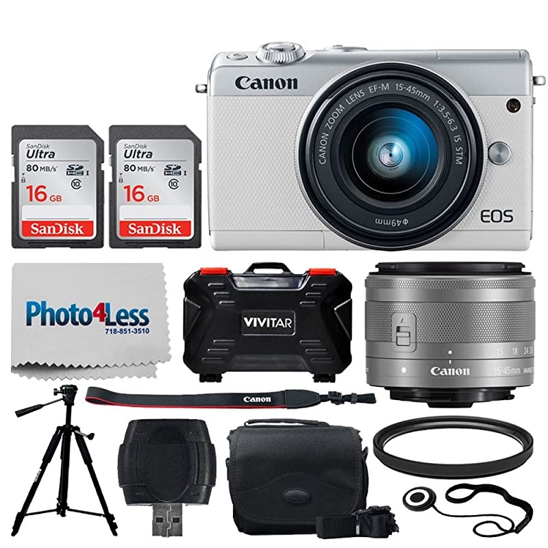 EOS M100 Mirrorless Digital Camera (White) + EF-M 15-45mm f/3.5-6.3 is STM Lens (Graphite) + 32GB Memory Card + 49mm UV Filter + Quality Tripod + Memory Card Holder (24 Slots) + Cleaning Cloth