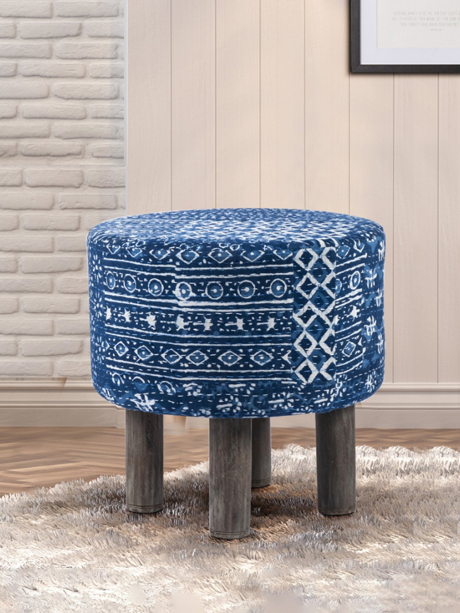 Ikiriya Morgan Printed Blue Wood Ottoman