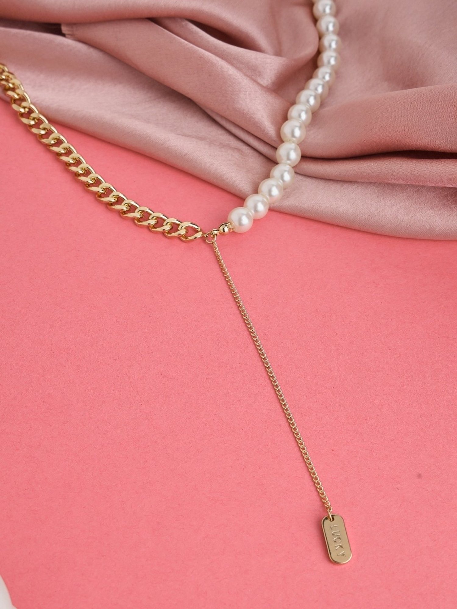 Prita by Priyaasi White Pearl Link Tag Drop Gold-Plated Necklace