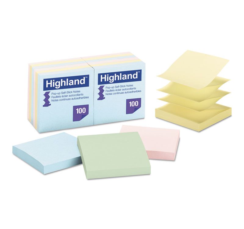 Highland Self-Stick Pop-Up Notes 3 x 3 Assorted Pastel 100-Sheet 12/Pack 6549PUA