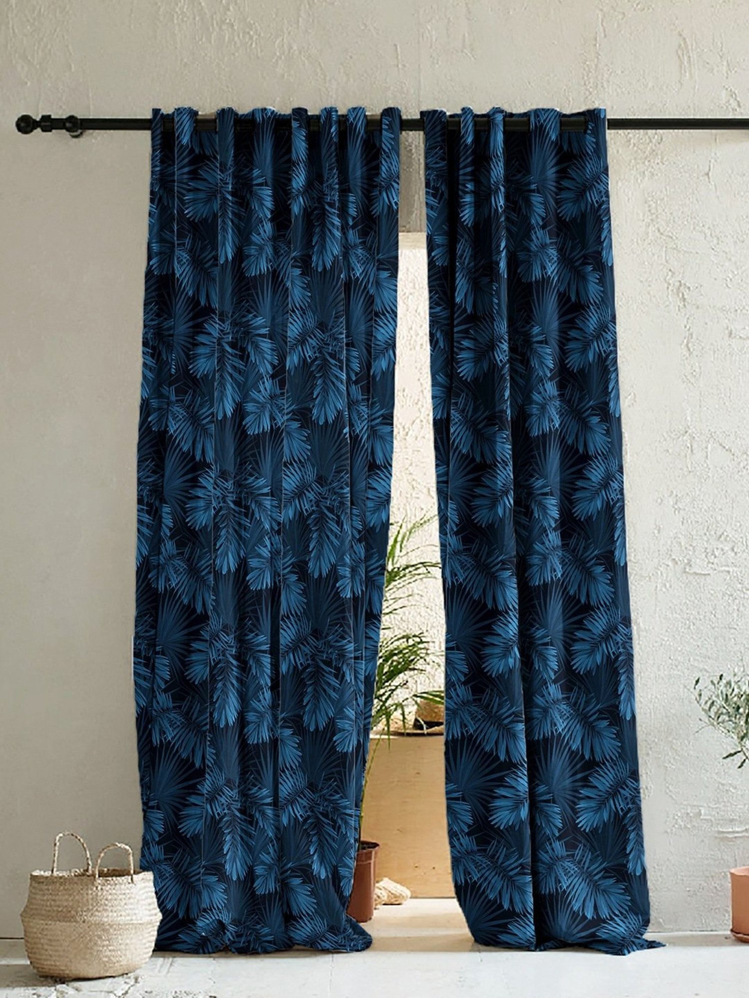 SPACES DRAPE STORY Elegent Dark Blue Polyester 8 FT Door Curtain - Set of 2