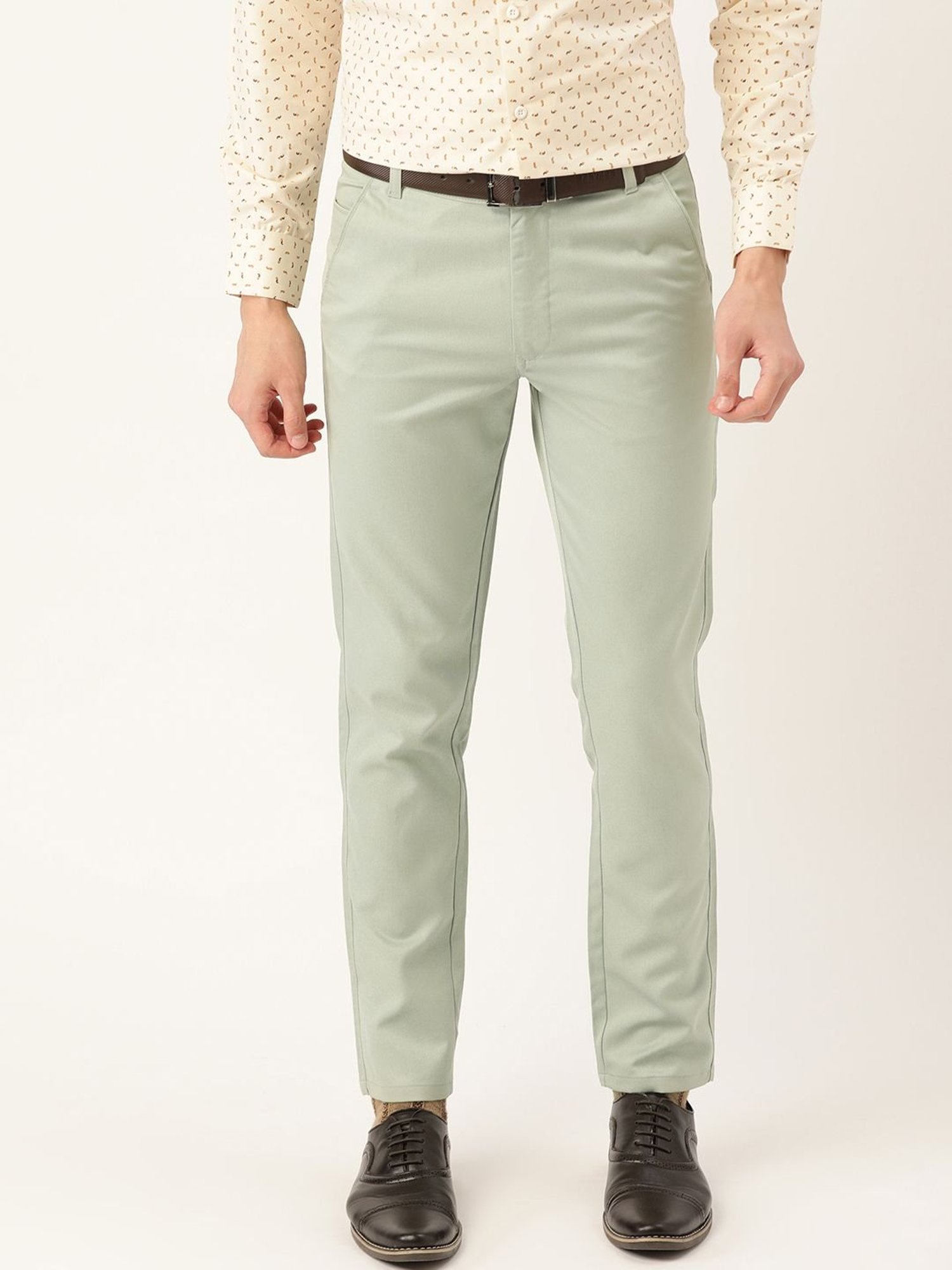 Sojanya Pista Green Cotton Regular Slim Fit Flat Front Trousers