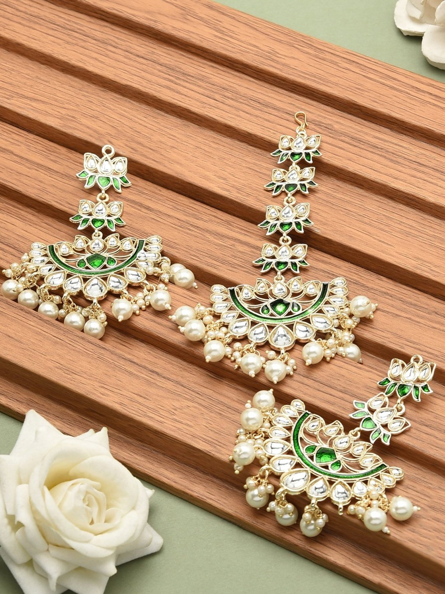 Zaveri Pearls Green Meenakari Lotus Design Kundan Earring & Maangtikka Set