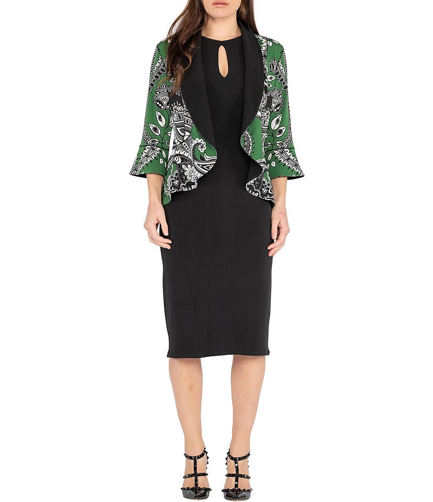 Eva Varro Bandana Paisley Print 3/4 Sleeve Shawl Collar Neck Knit Reversible Peplum Jacket