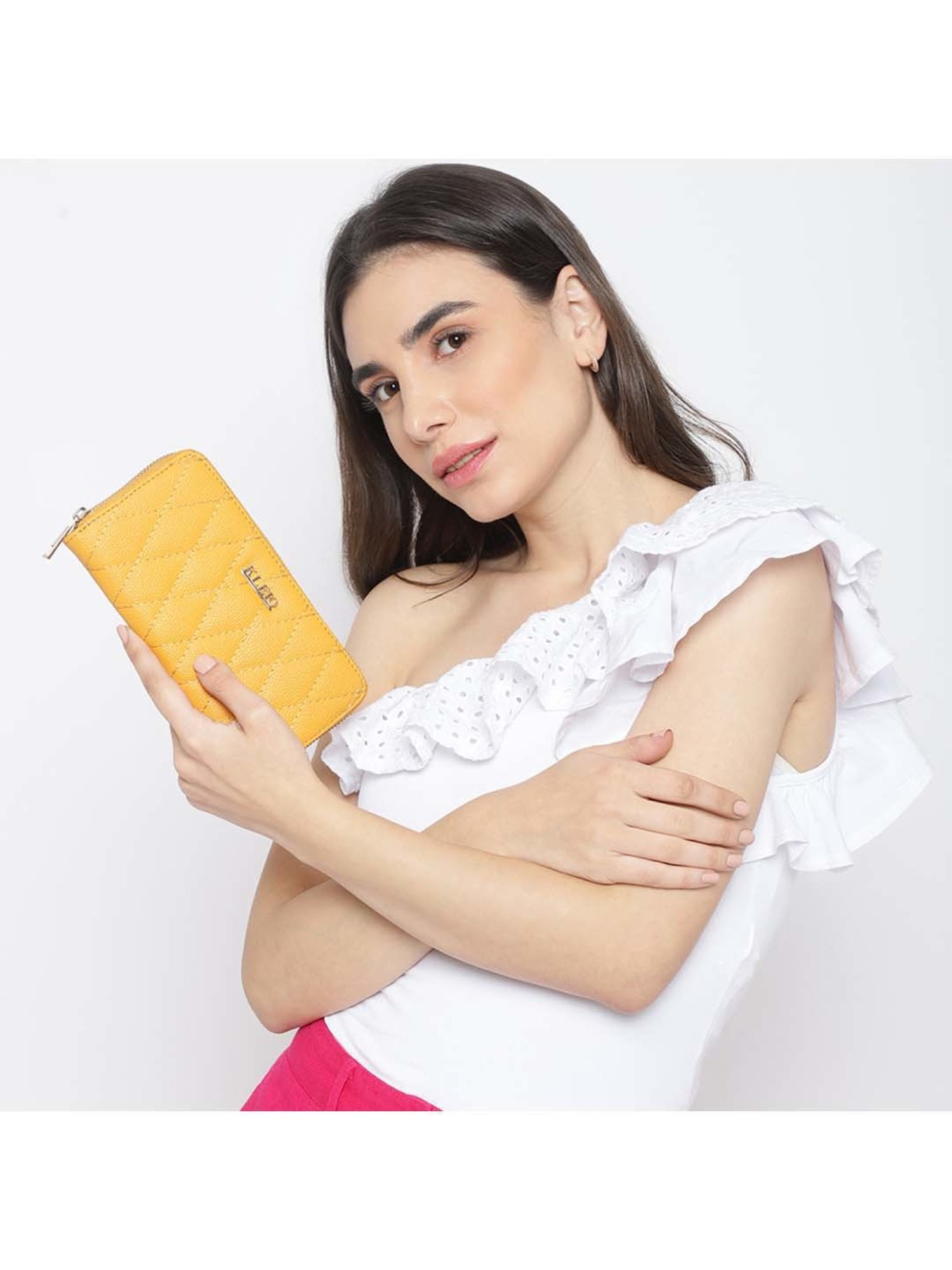KLEIO Mustard Quilted Zip Around Wallet for Women