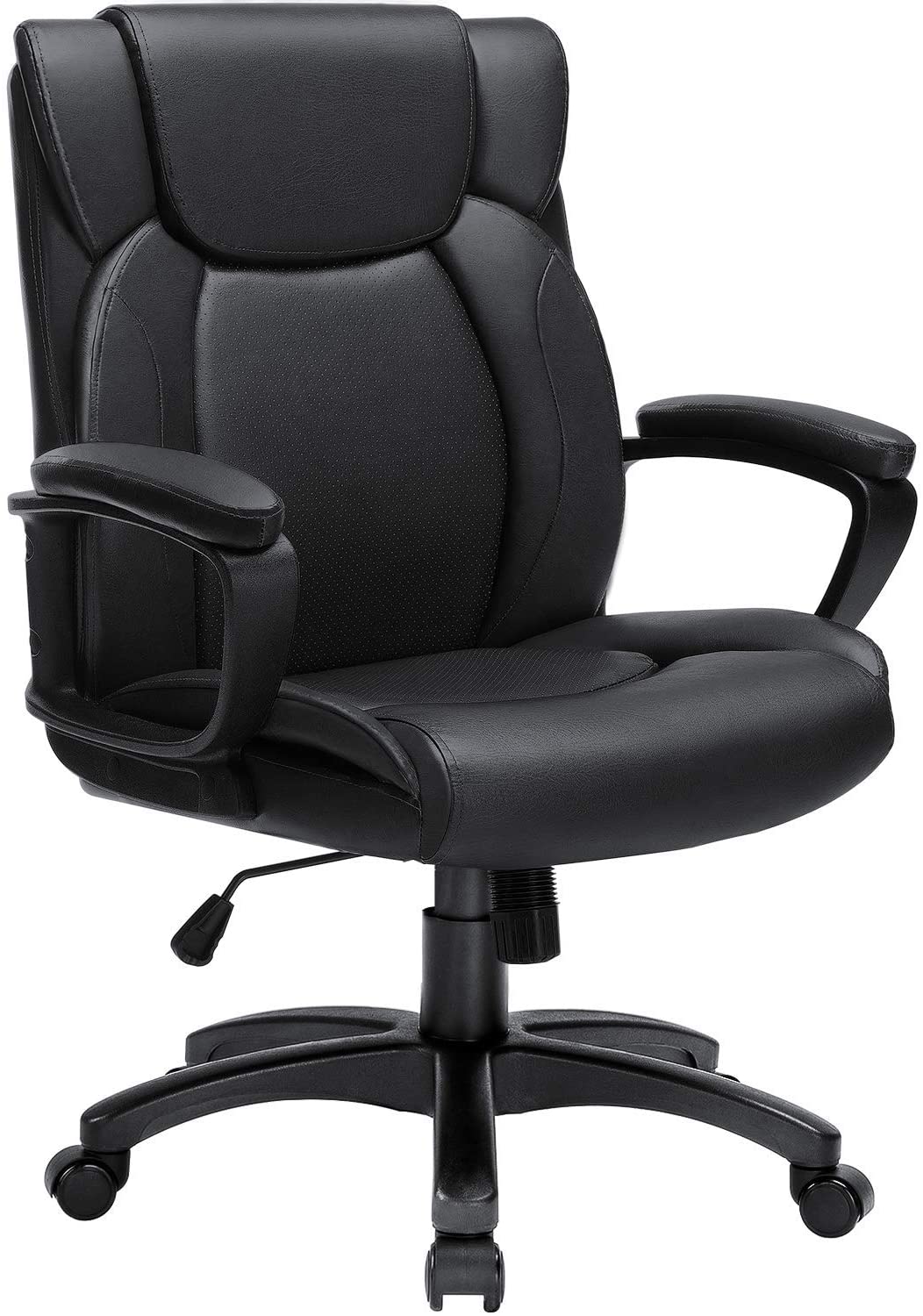 BOSSIN Mid-Back Executive Office Chair Leather Computer Desk Chair with Armrest,Swivel Ergonomic Task Chair with Lumbar Support,Thick Padded Rolling Chair for Adults (Mid-Back, Black)