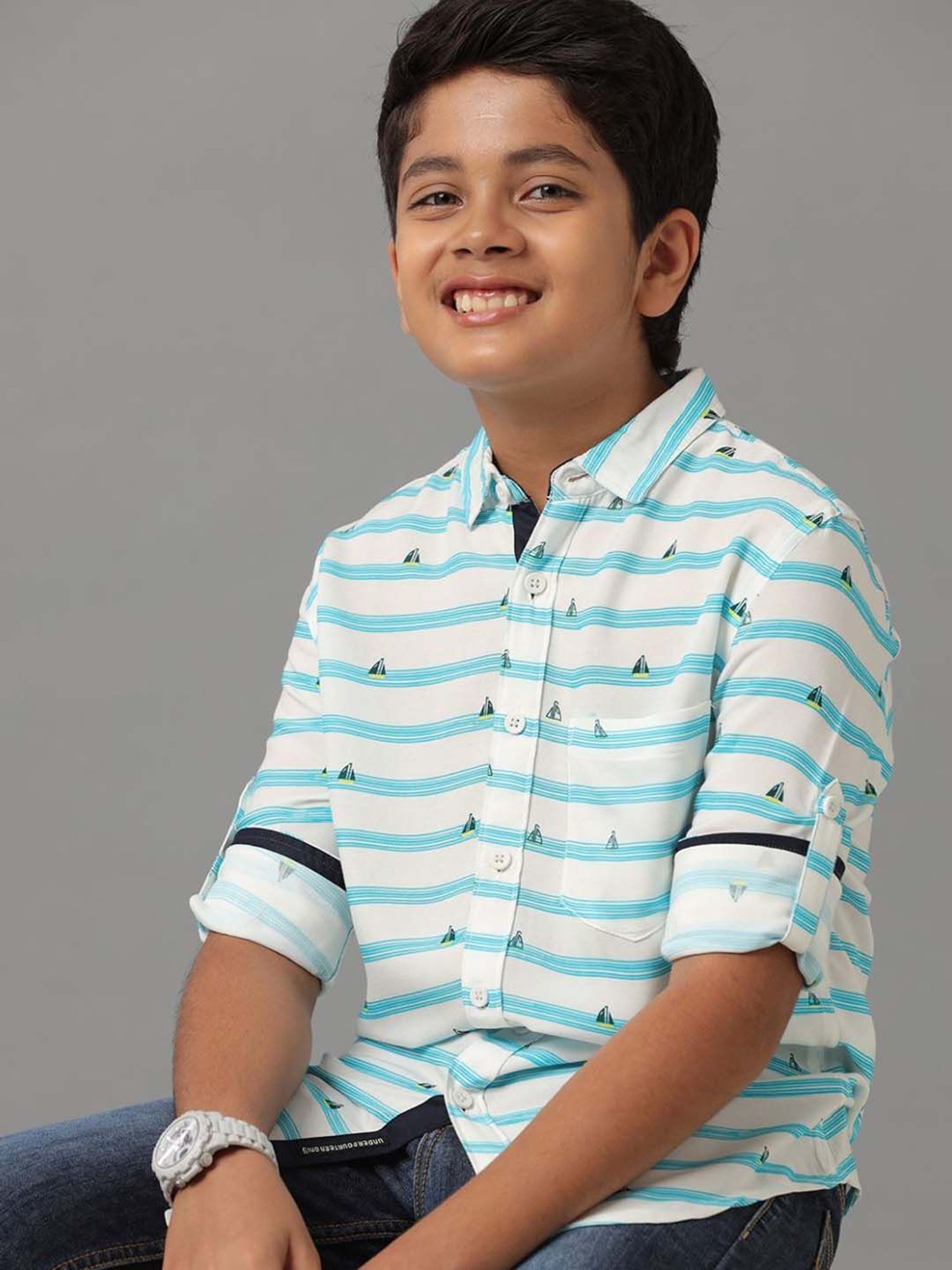 Under Fourteen Only Kids Green Printed Full Sleeves Shirt