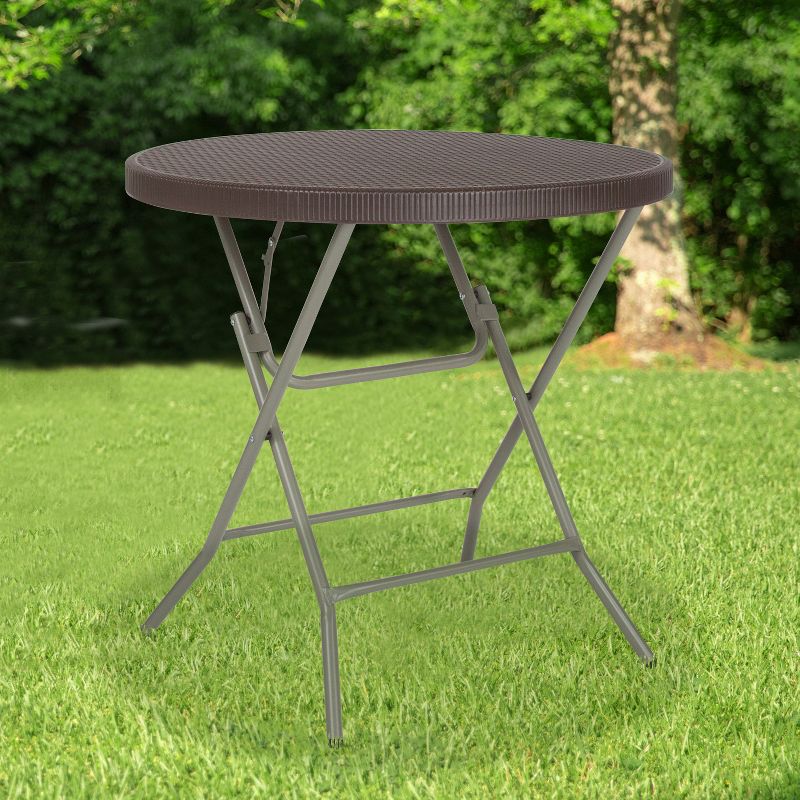 Flash Furniture 2.6-Foot Round Brown Rattan Plastic Folding Table
