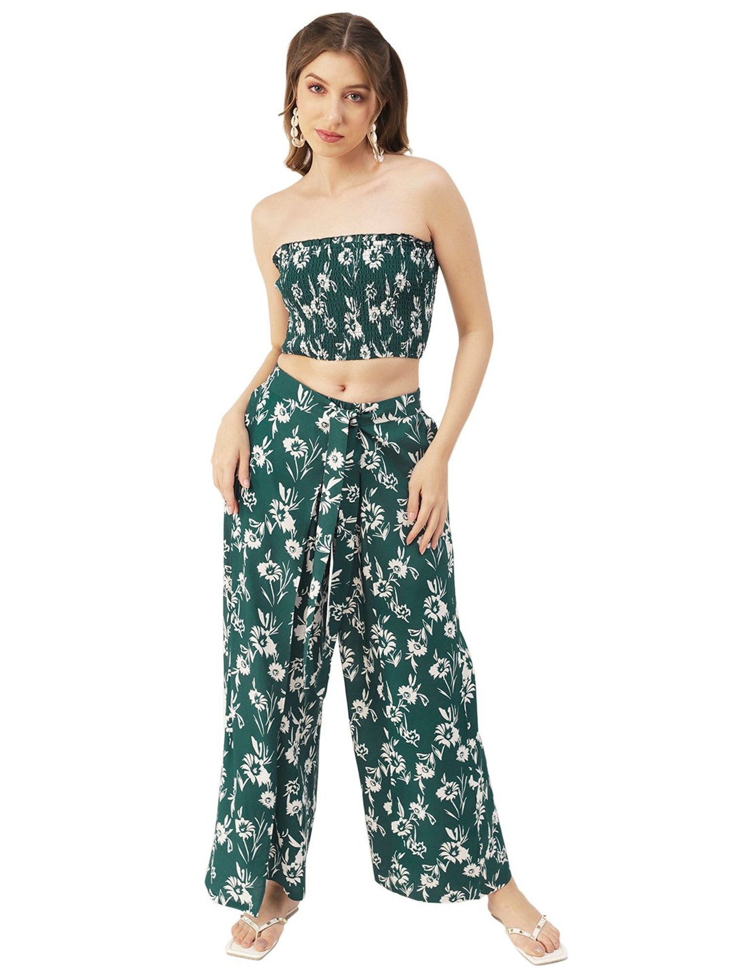 Moomaya Teal Floral Print Crop Top With Palazzos