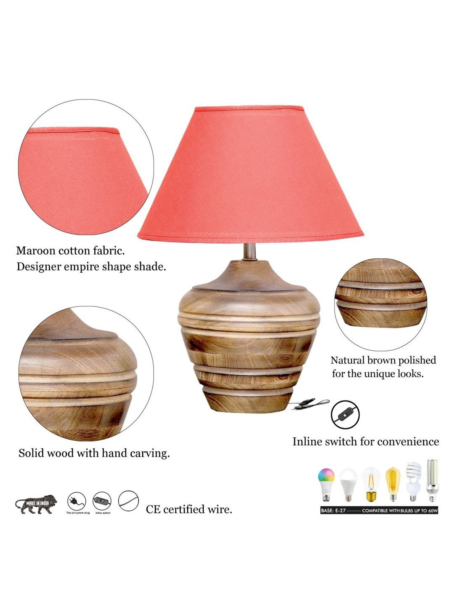 Kapoor Lamp Shades Brown & Pink Wood Knepp Mini Carved Table Lamp