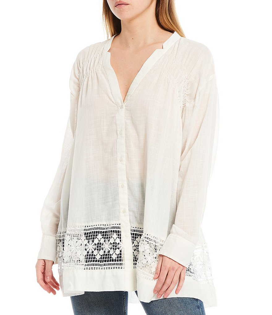 Free People Green Gardens Banded Notch Neckline Roll-Tab Sleeve Lace Hem Button Front Tunic