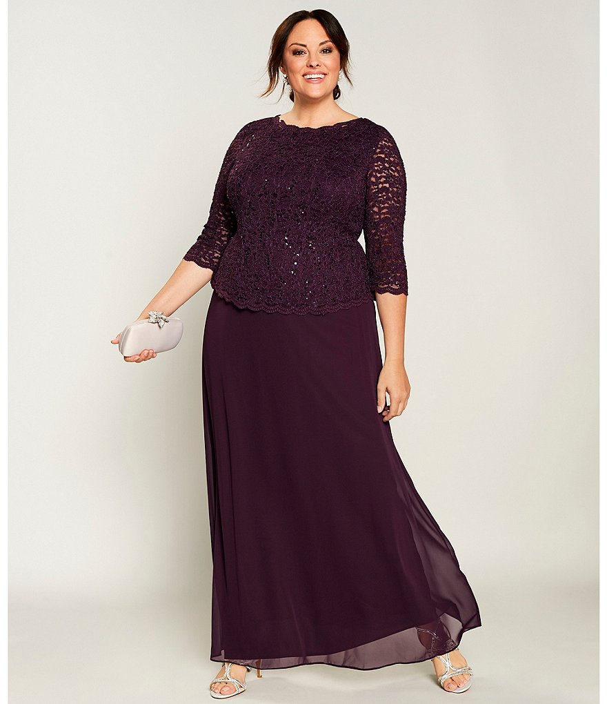 Alex Evenings Plus Size Boat Neck 3/4 Sleeve Sequin Lace Scalloped Hem Bodice Chiffon Skirted Dress