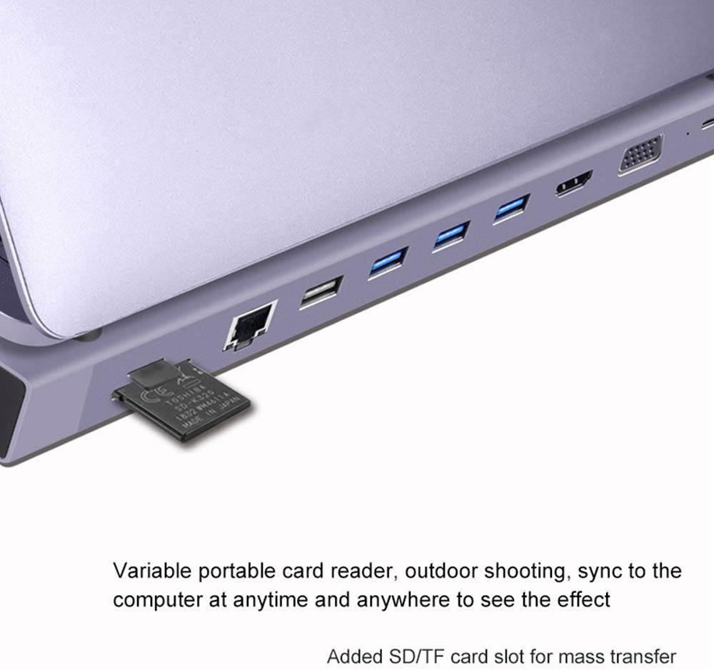 NOV8Tech USB C Hub Laptop Dock Stand 11-in-1 Ethernet 3.5mm Audio, SD/Micro SD 3X USB 3.0 1x USB 2.0 HDMI VGA & 100W PD USB C 3.1 (11in1 Dock for All USB C Devices - Space Gray)