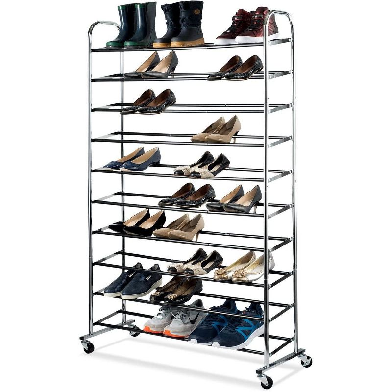 Homeitusa 10-Shelf Shoe Rack Fits 50 Pair - Chrome/Black