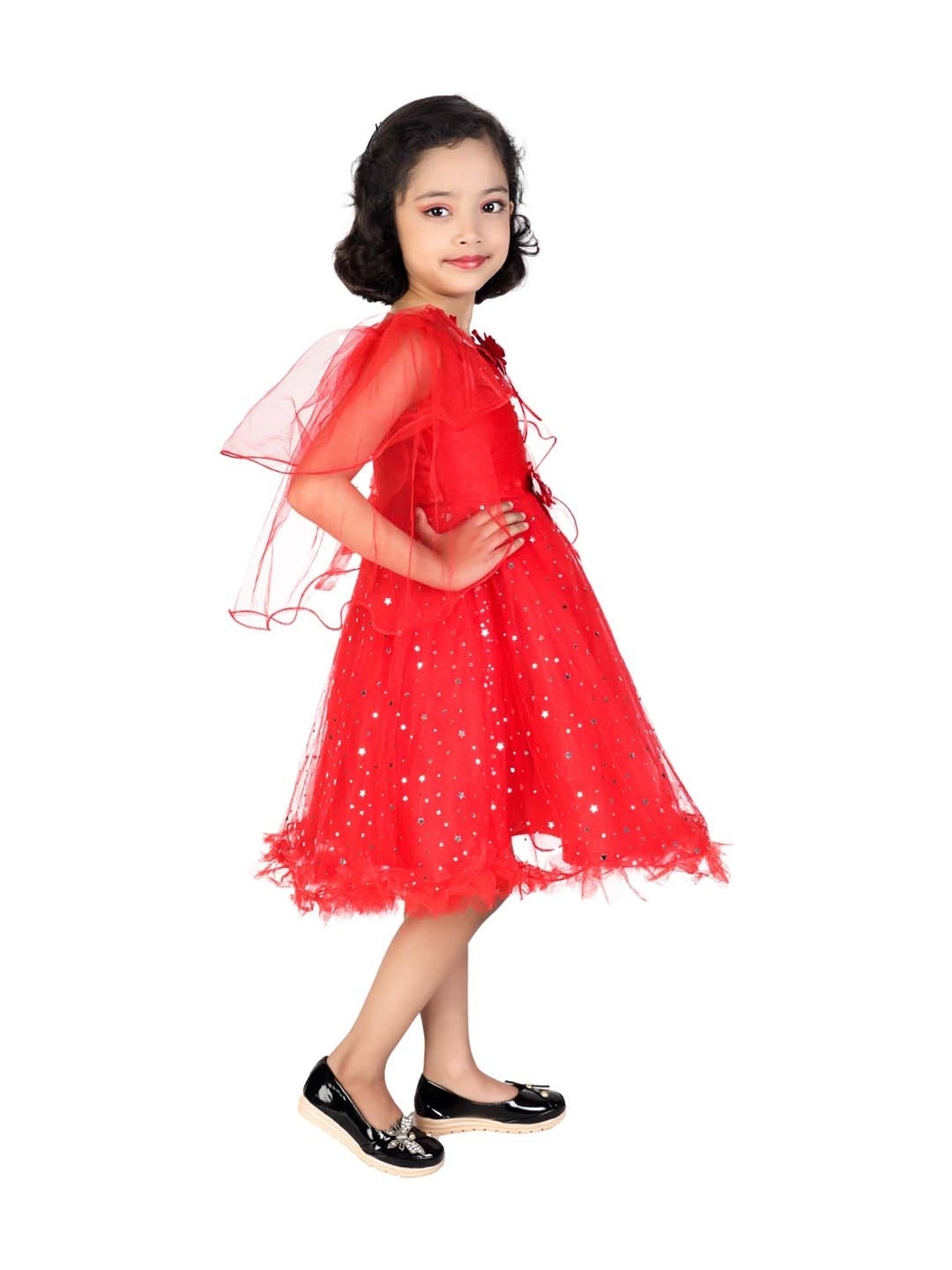 Ahhaaaa Kids Red Cotton Sequence Dress