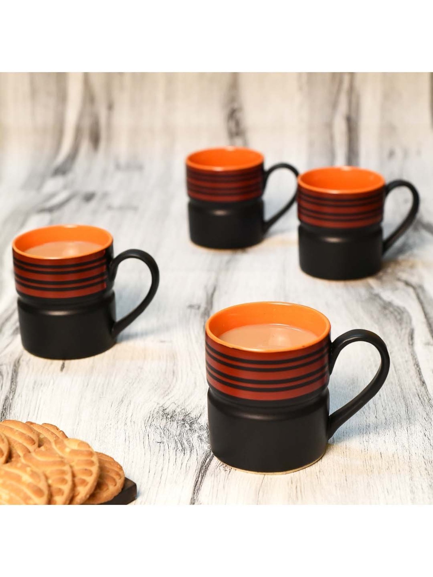 Unravel India Black & Orange Ceramic Matte Work Coffee Cup - Set of 6