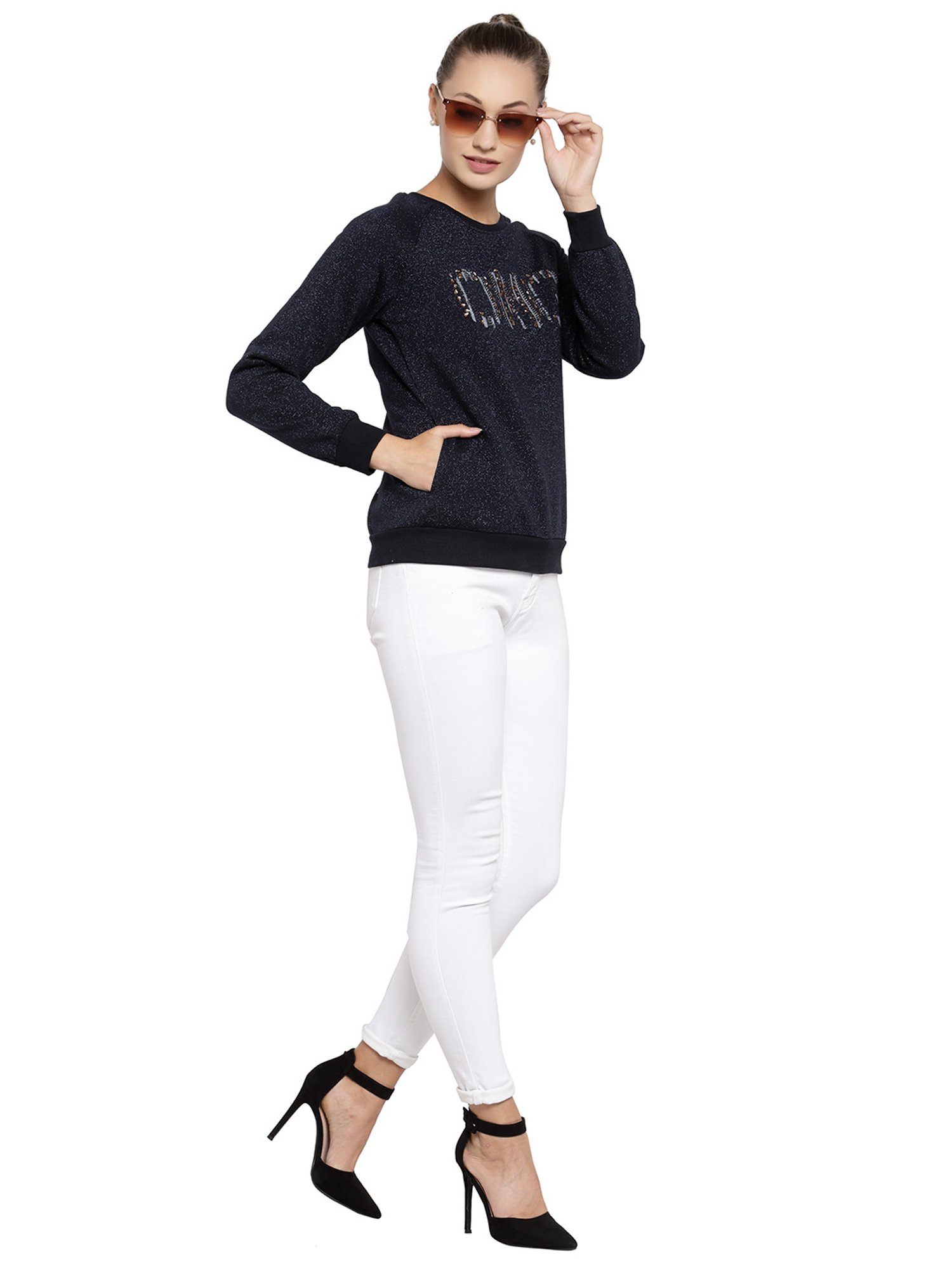 Juelle Navy Embellished Round Neck Sweatshirt