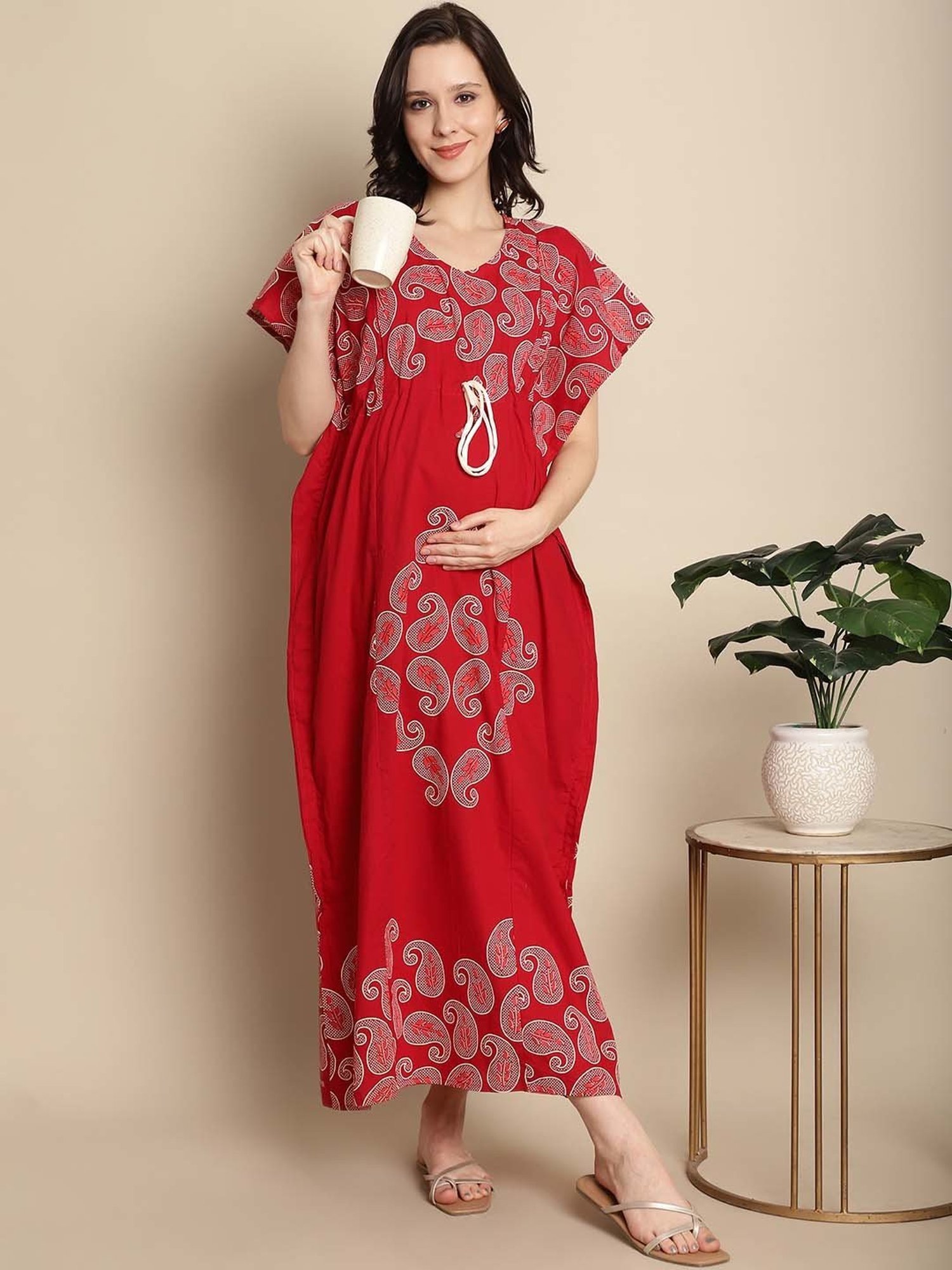 Secret Wish Red Printed Maternity Feeding Kaftan