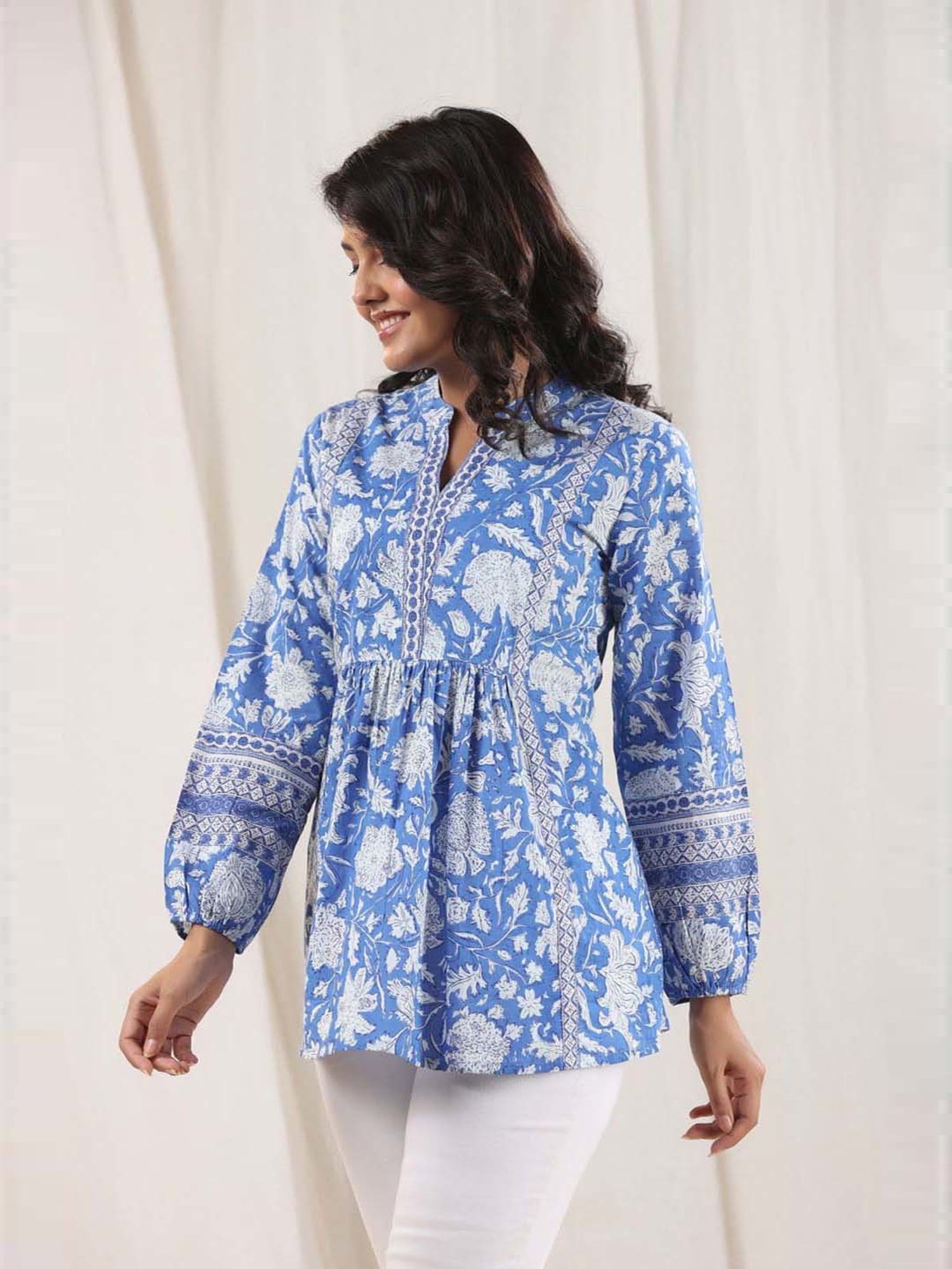 Rain and Rainbow Blue Cotton Floral Print Tunic