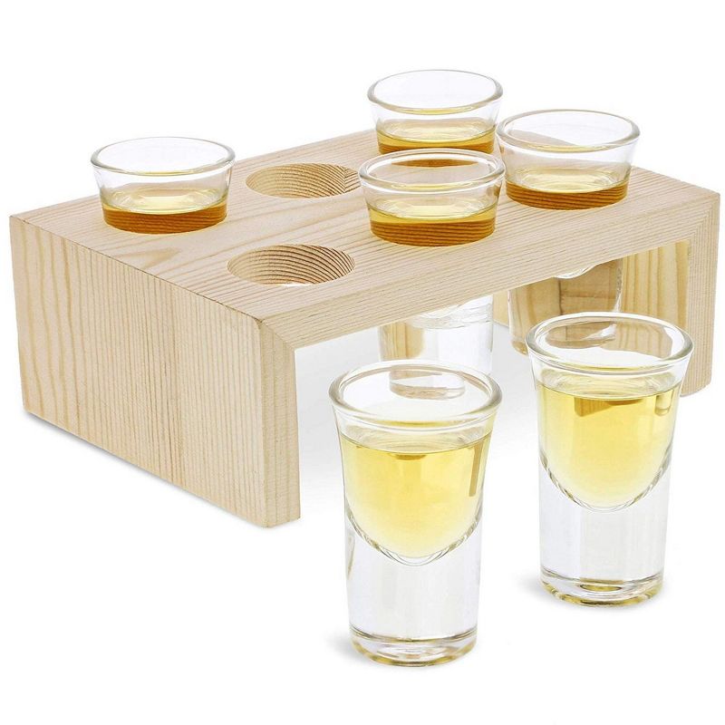 Juvale Wooden Shot Glass Server Tray Holder with 6 Shot Glasses (1 Oz) (7 x 5 x 2.5 In)