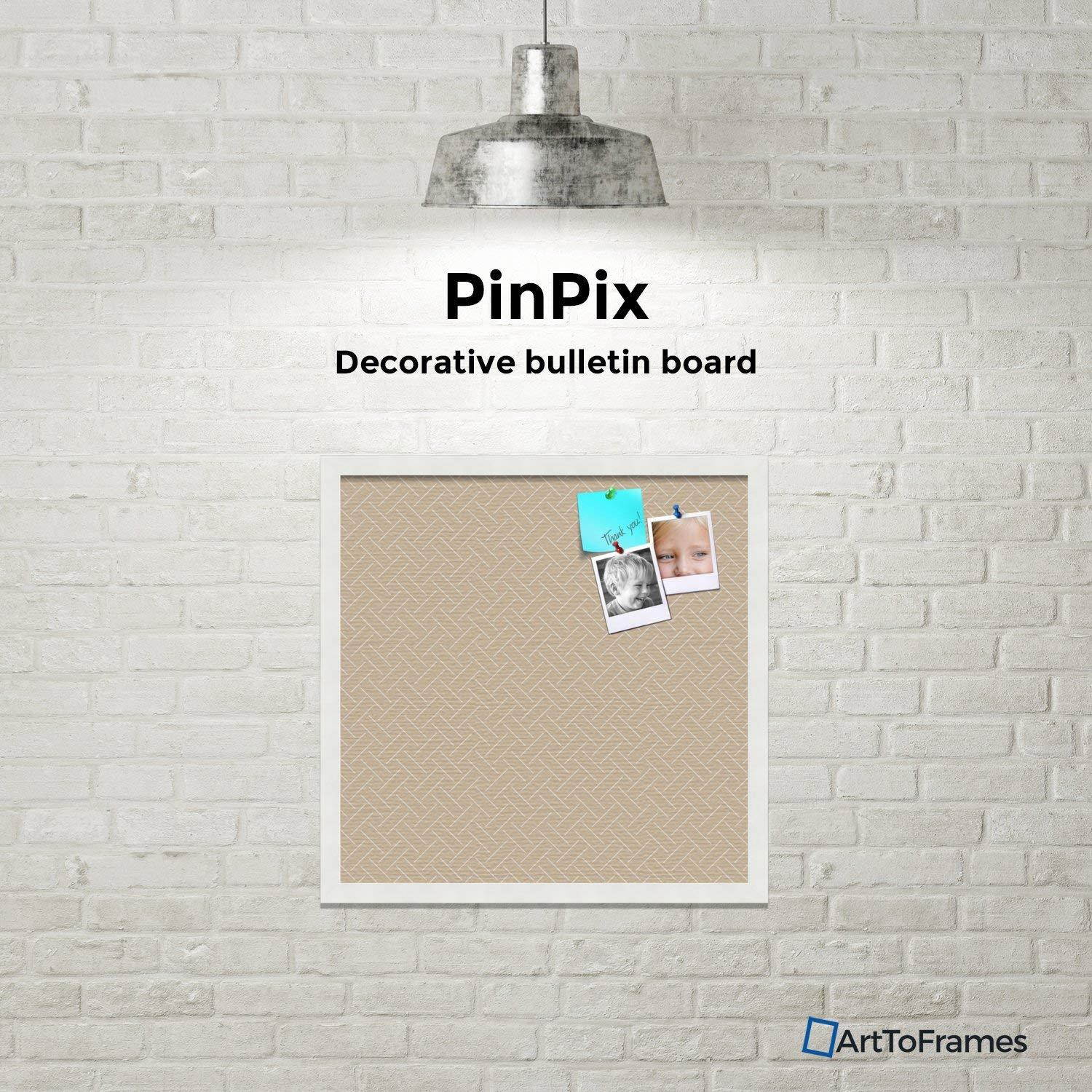 PinPix custom printed pin cork bulletin board made from canvas, Lattice Beige 20x20 Inches (Completed Size) and framed in Satin White Frame (PinPix-Group-91)