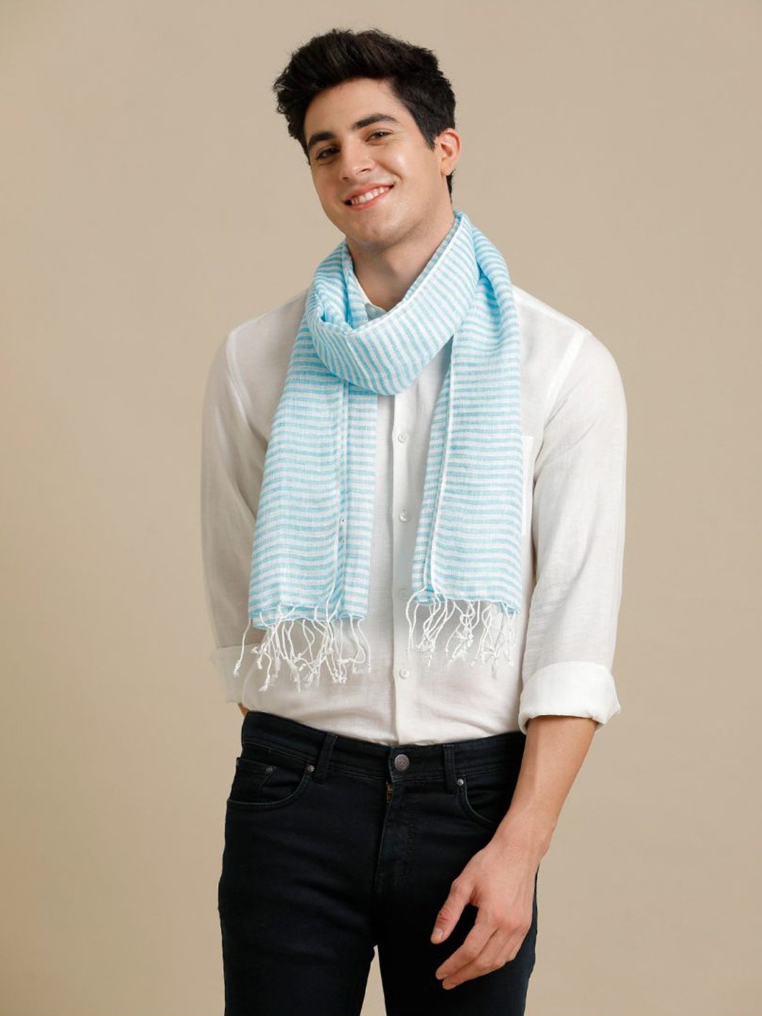 Linen Club Turquoise Blue Striped Pure Linen Stole