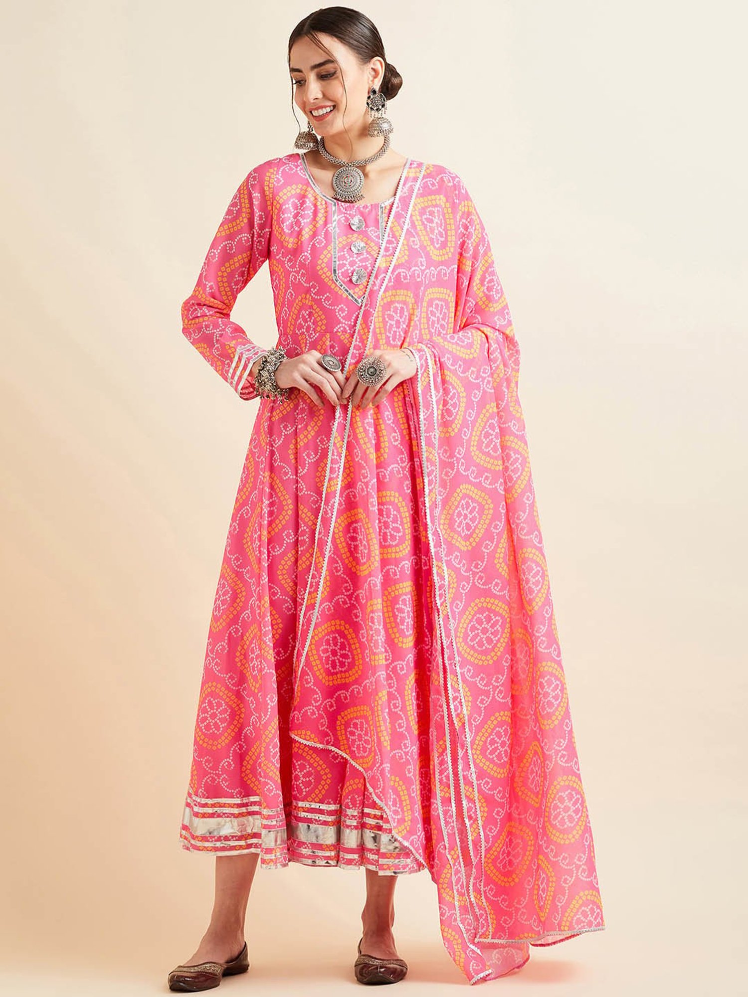 PANIT Pink Printed Ethnic Dress With Dupatta