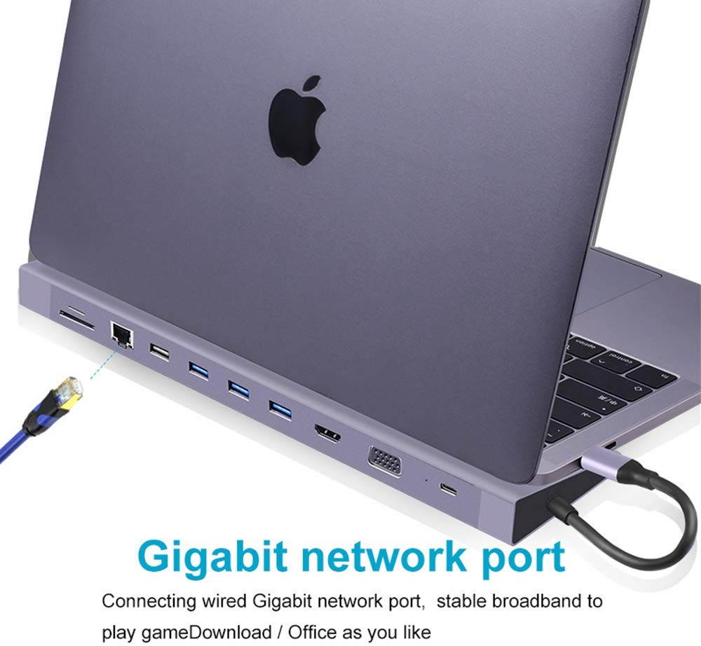 NOV8Tech USB C Hub Laptop Dock Stand 11-in-1 Ethernet 3.5mm Audio, SD/Micro SD 3X USB 3.0 1x USB 2.0 HDMI VGA & 100W PD USB C 3.1 (11in1 Dock for All USB C Devices - Space Gray)