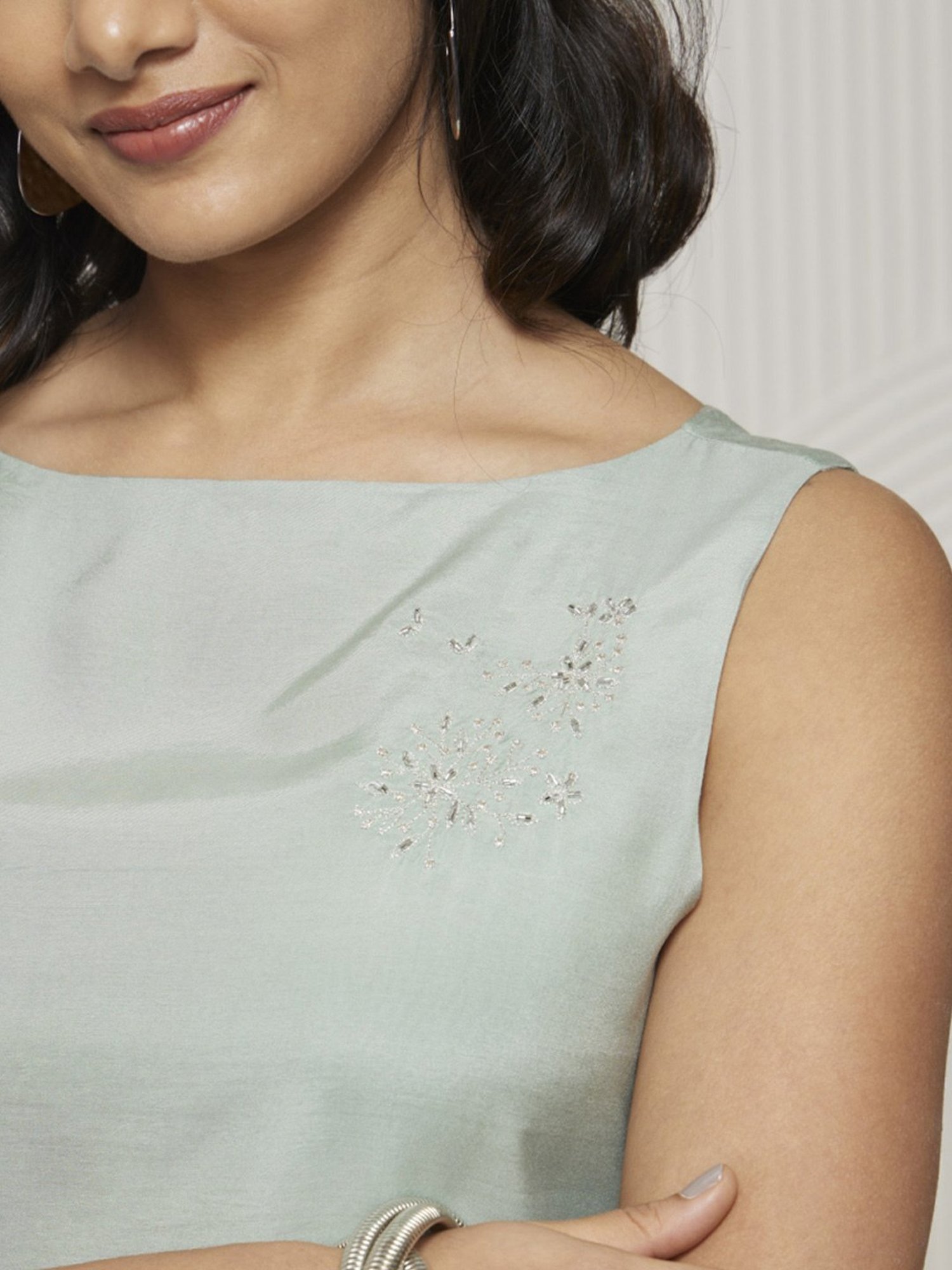 Artagai Celadon Green Romancing Aari Layered Shift Dress With Brooch Detail