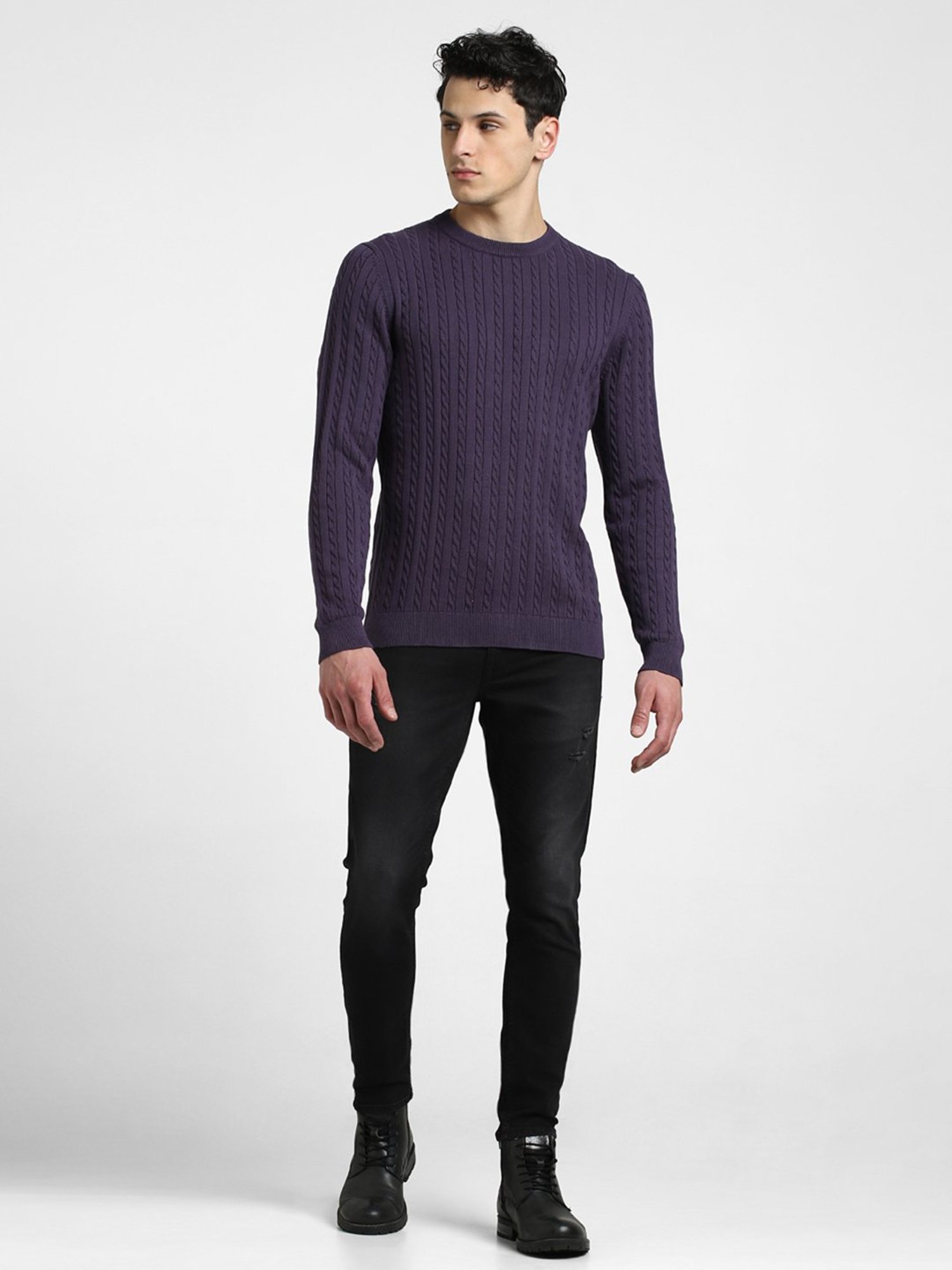 Jack & Jones Purple Slim Fit Textured Cotton Sweater