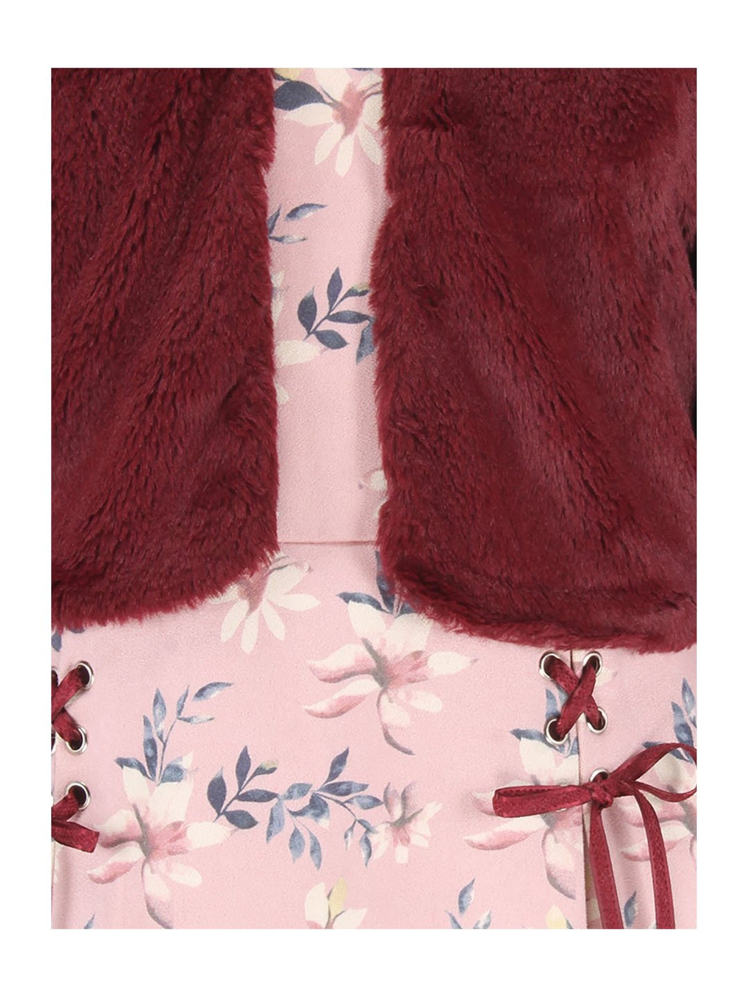 Cutecumber Kids Maroon & Pink Floral Print Full Sleeves Dress with Shrug