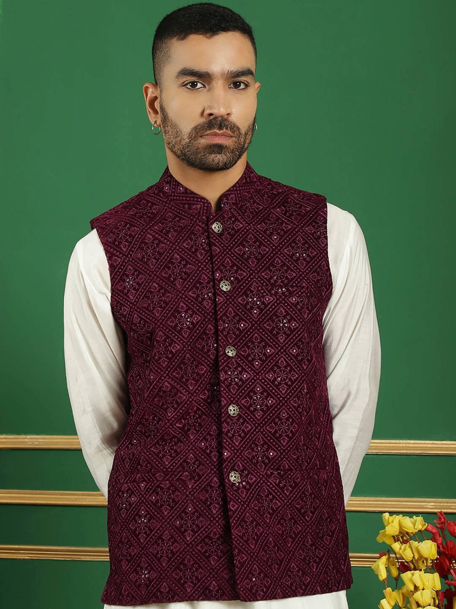 Jompers Purple Regular Fit Embroidered Nehru Jacket
