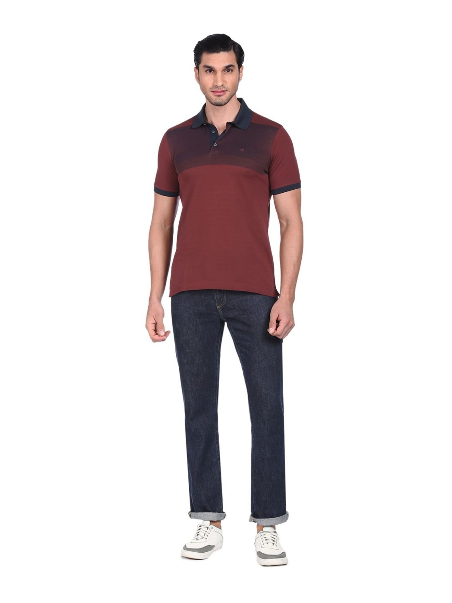 Arrow Maroon Cotton Regular Fit Colour Block Polo T-Shirt