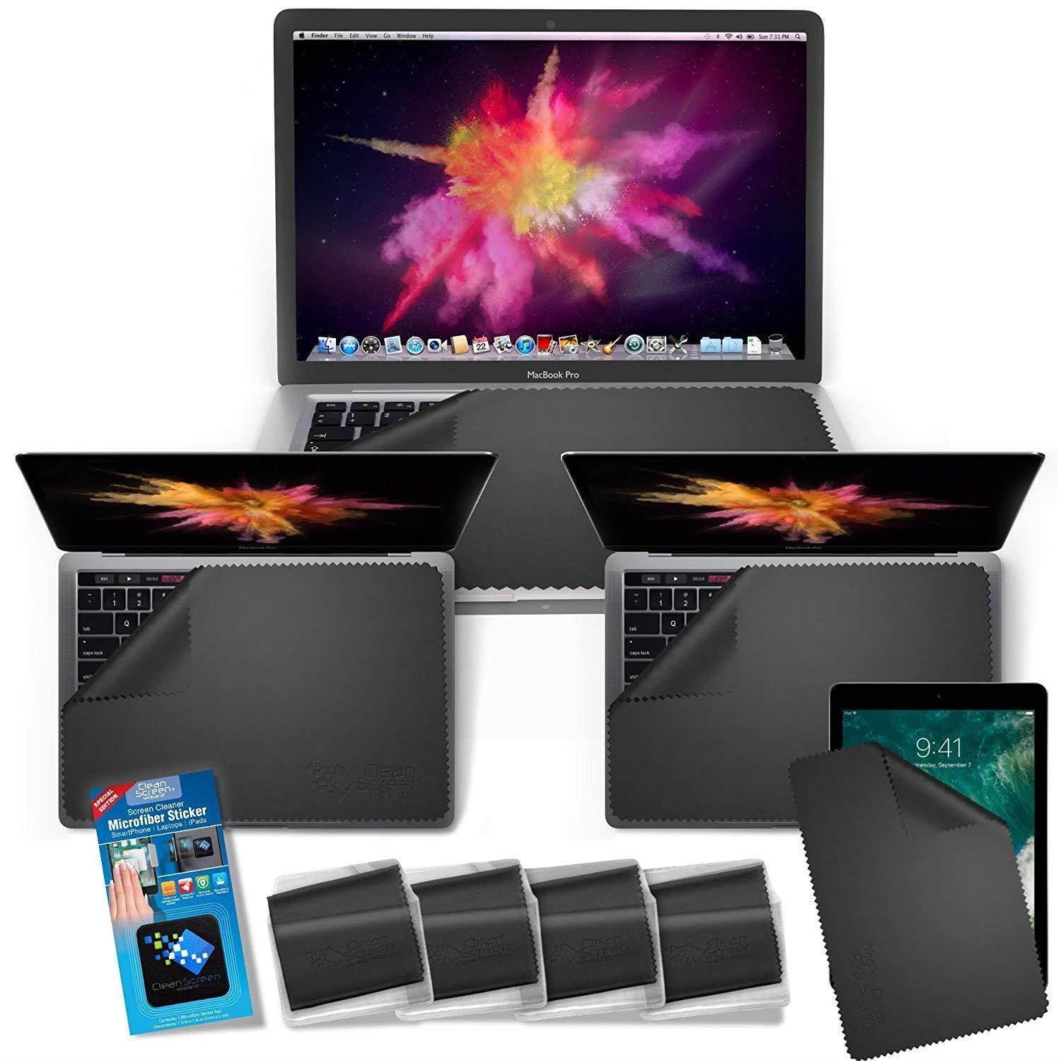 Clean Screen Wizard Microfiber Keyboard Covers, Screen Protectors, Screen Cleaner Kit for MacBook Pro 15, for MacBook Pro 13, Mac Air 13 and Laptops Multi Size Screens- 5 Pack Cloths and Sticker