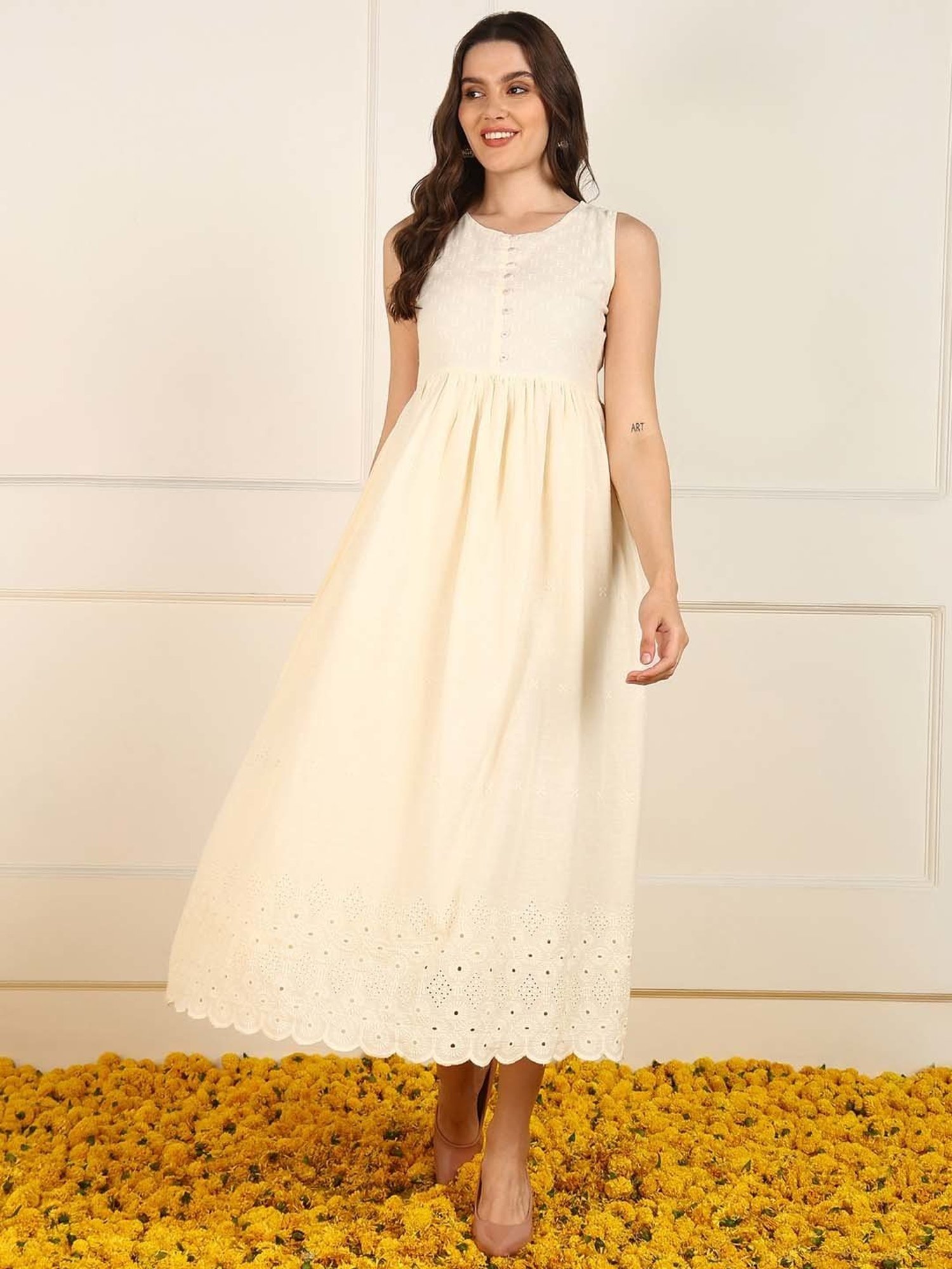 Vaamsi Beige Cotton Embellished Maxi Dress With Shrug