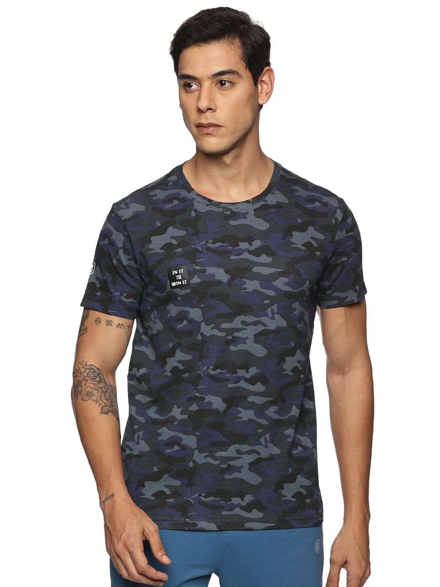 DOMIN8 Men Cotton Regular Fit Round Neck Camouflage Blue Sports T-Shirt