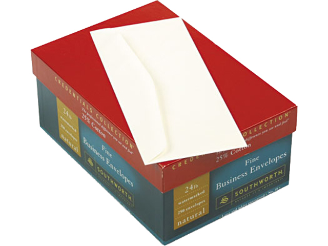 Southworth J404N-10 25% Cotton #10 Business Envelope, V-Flap, Natural, 250/Box