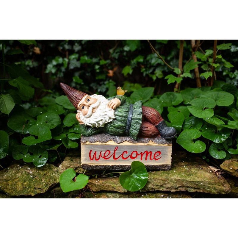 14" Solar Gnome On Welcome Log Resin Statue Green - Exhart