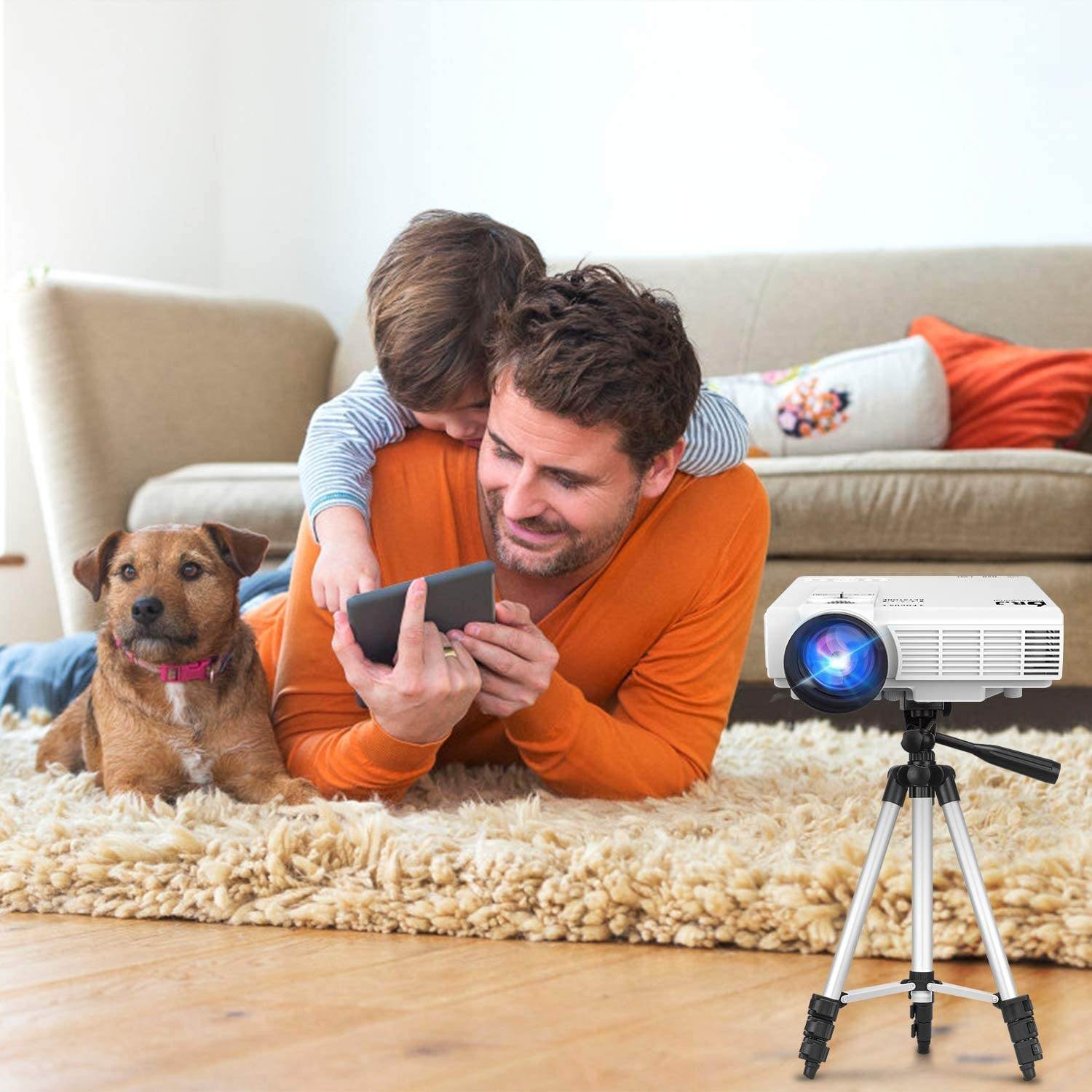 DR. J Professional 4500L Projector for Outdoor Movies & 50Inch Universal Aluminum Projector Tripod Stand Bundle