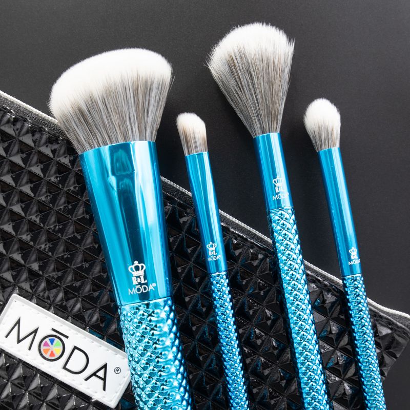 MODA Brush Metallics 5pc Defining Detailers Blue Makeup Brush Set with Black Studded Zip Case, Includes - Angle Blender, Diffuser, Crease and Triad Eye Brushes