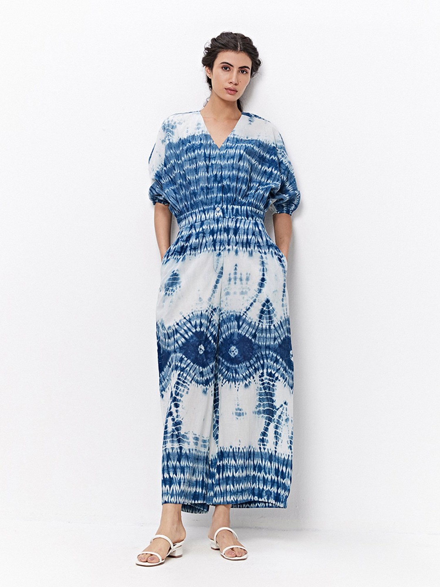 Ancestry Blue & White Cotton Printed Maxi Jumpsuit