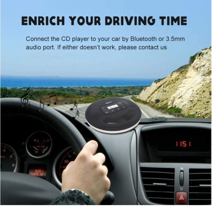 CD903TF Portable CD Player for Car Speakers with FM Transmitter Bluetooth Rechargeable Touch Button Backlight Display Black