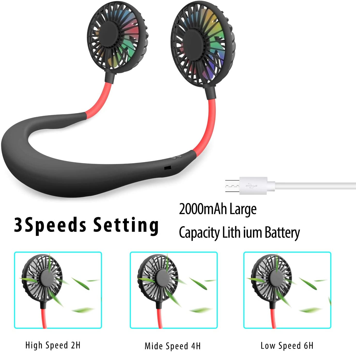 DONWELL Hands Free Neck Fan, Portable Mini Rechargeable LED Neckband Fan with Dual Wind Head and Aromatherapy for Sports, Travelling, Outdoor, Office - 3 Speeds, Battery Operated (Black)