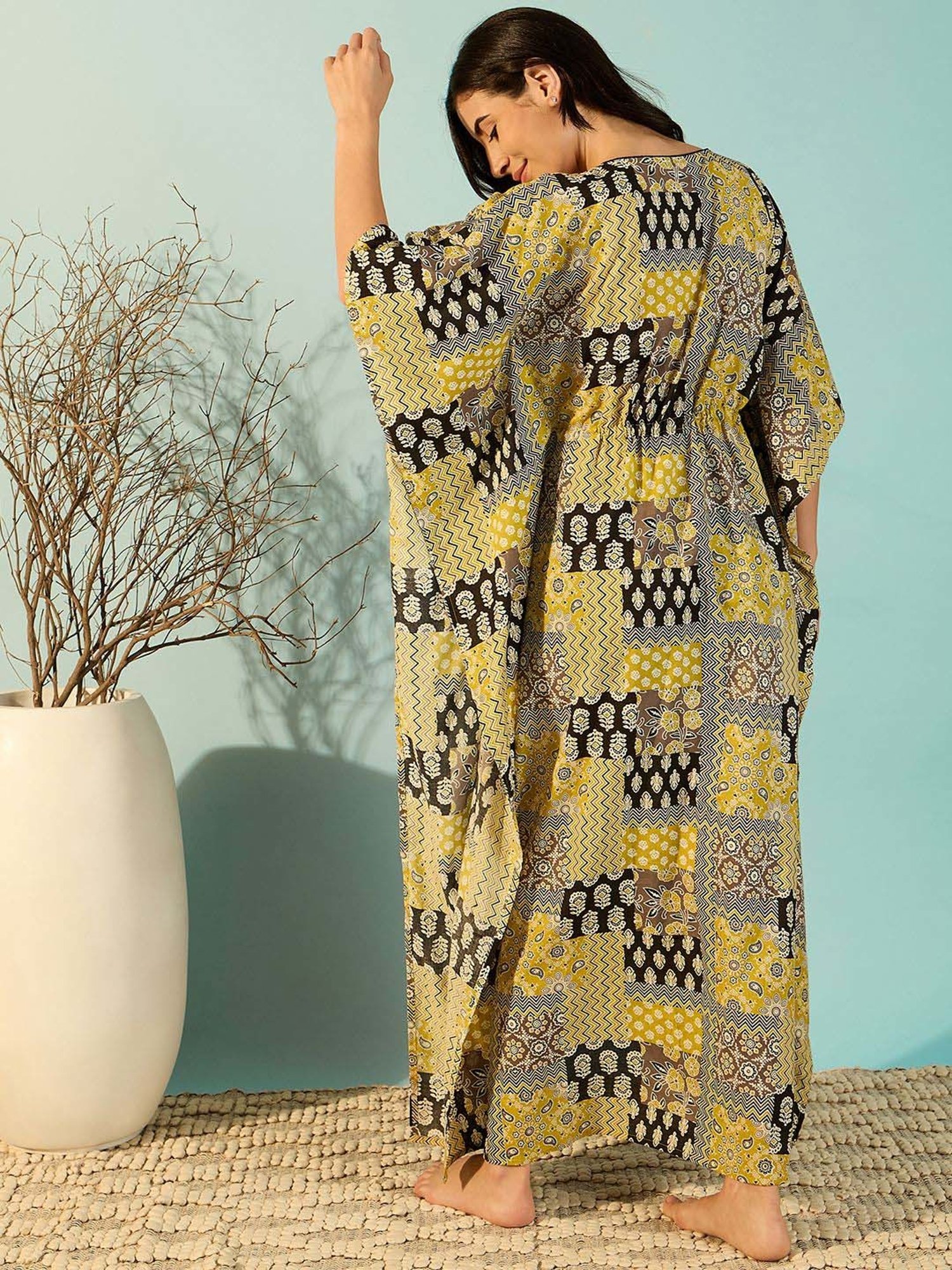 The Kaftan Company Yellow Cotton Printed Kaftan
