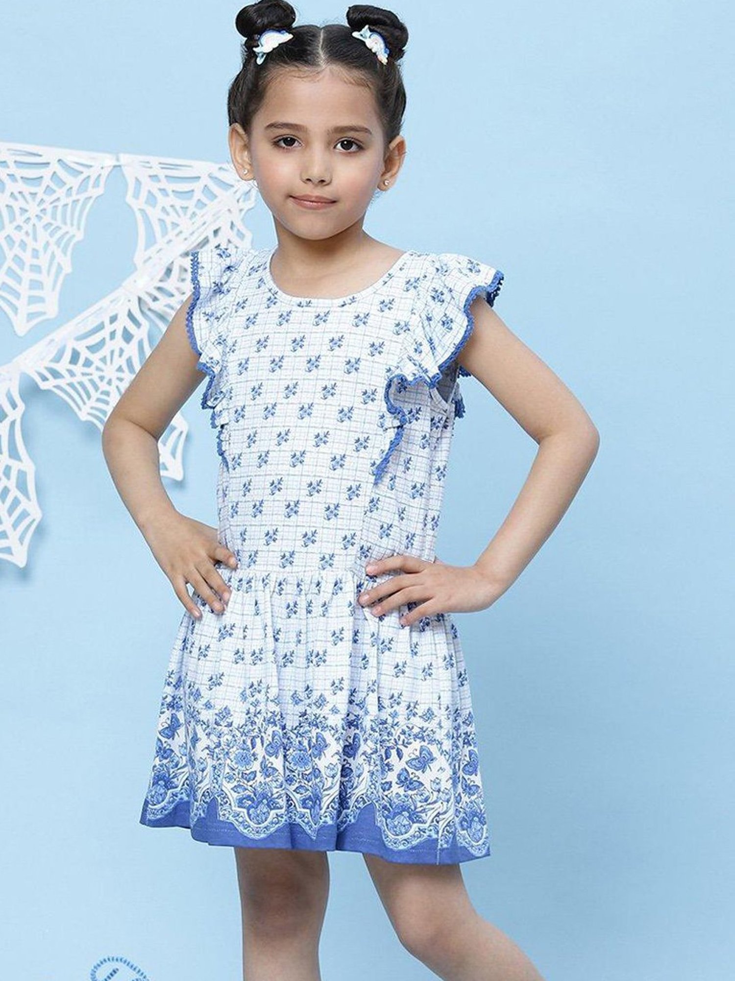 BIBA Girls White Cotton Printed Dress