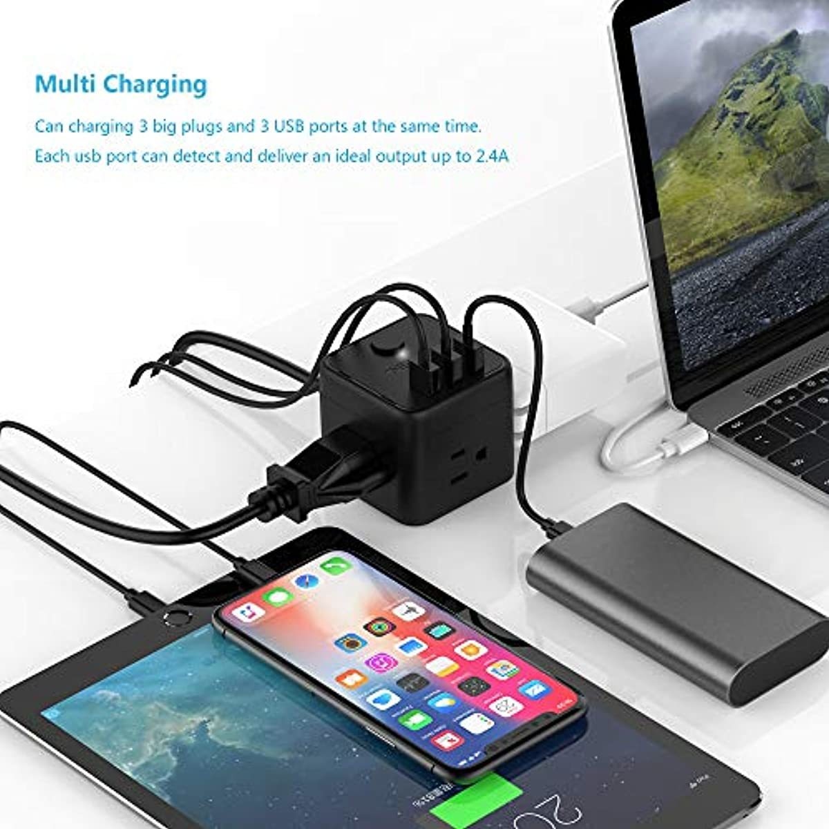 Power Strip Cube with 3 USB 3 Outlets, TESSAN Portable Desktop Charging Station with 5 Ft Extension Cord for Travel Cruise Ship, Home, Office, Dorm Room Essentials, Black